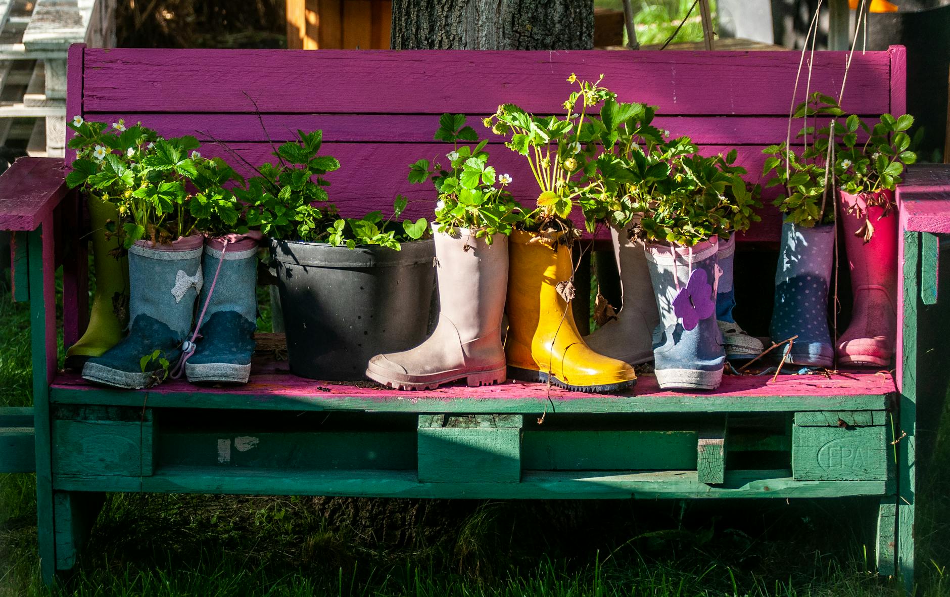 creative planters in colorful rain boots on bench